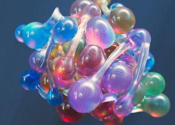 Abstract 3D representation of a colorful molecular structure, showcasing vibrant hues and artistic design.