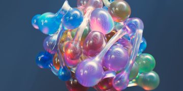 Abstract 3D representation of a colorful molecular structure, showcasing vibrant hues and artistic design.