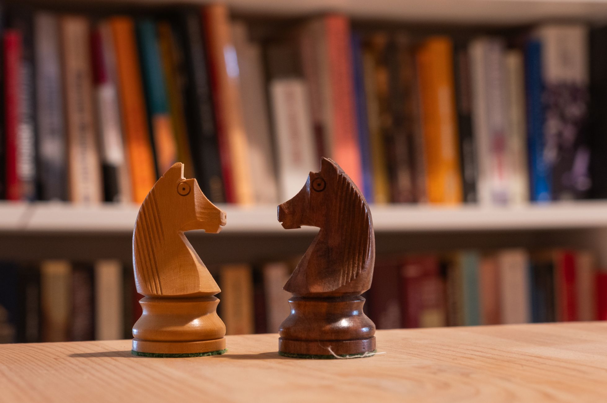 Two chess knight pieces facing each other in a library setup.