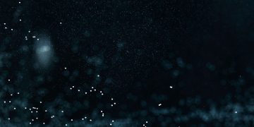 Dynamic abstract background with particles and textures resembling water droplets and a splash effect.