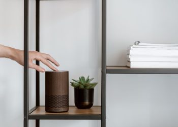 A hand interacts with a smart speaker on a minimalist shelf, featuring a plant and stacked books.