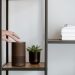 A hand interacts with a smart speaker on a minimalist shelf, featuring a plant and stacked books.