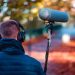 Audio professional recording outdoors in a vibrant autumn park with headphones and microphone.