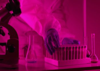 Scientist in a lab coat handling test tubes under pink lighting, using a microscope.