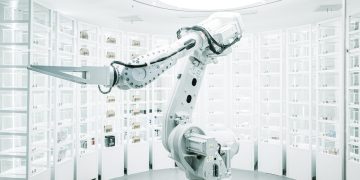 white robotic arm in display showroom