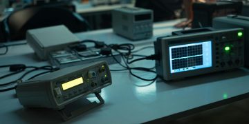 A dimly lit electronics lab featuring oscilloscopes and equipment on desks, creating a technical atmosphere.