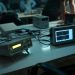 A dimly lit electronics lab featuring oscilloscopes and equipment on desks, creating a technical atmosphere.