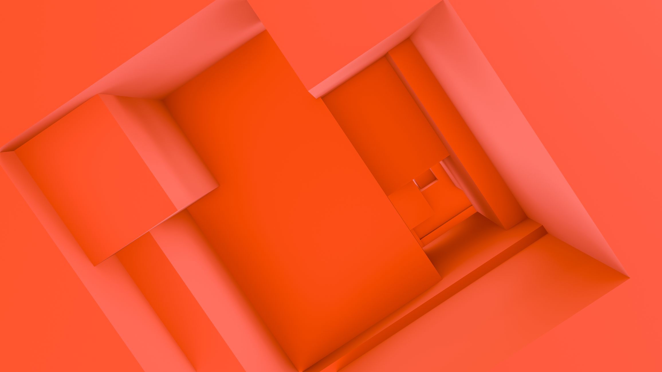 A modern abstract 3D render featuring geometric shapes in vivid orange tones.