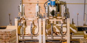 View of a complex woodworking machine in a factory setting, showcasing precision engineering and technology.