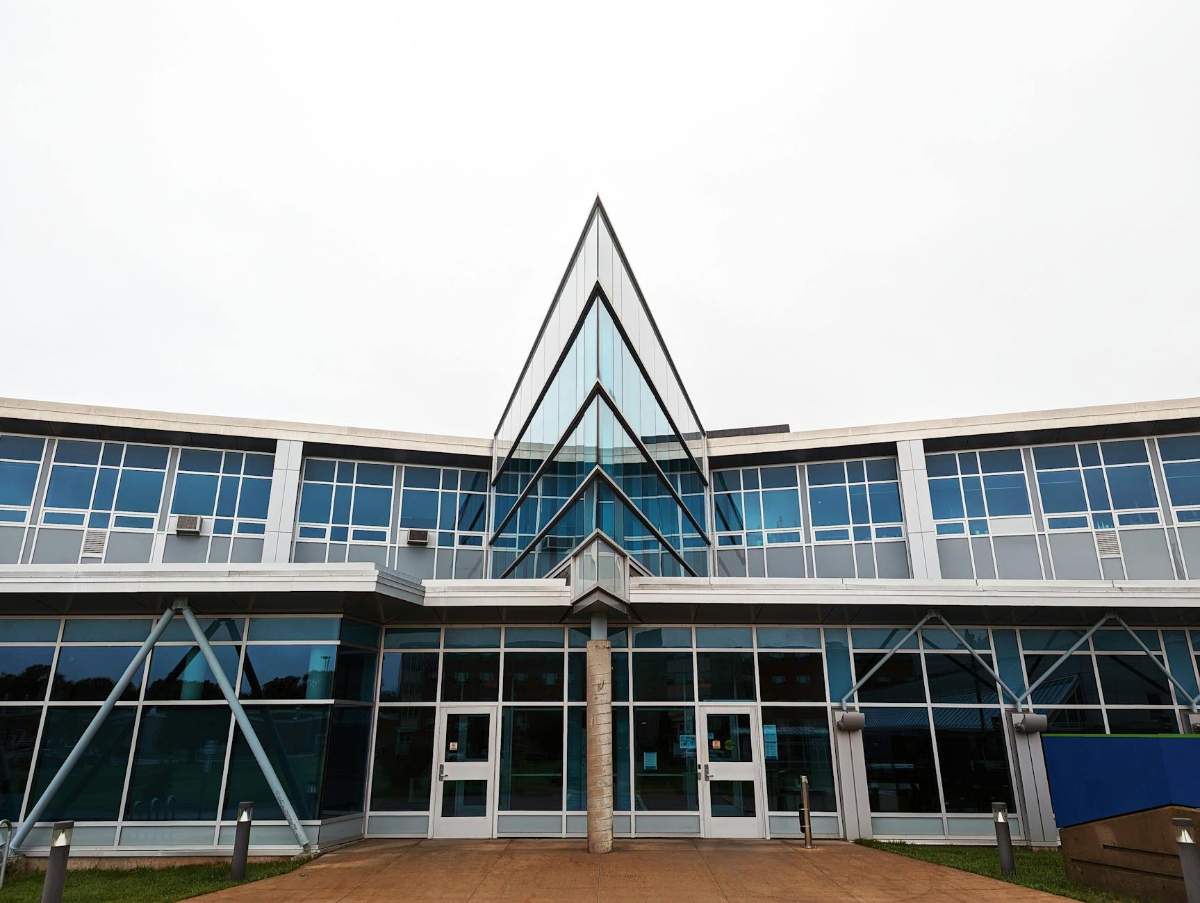 Symmetrical modern building facade with large windows in Truro, Nova Scotia.