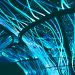 A mesmerizing display of glowing neon blue optical fibers creating a futuristic atmosphere.