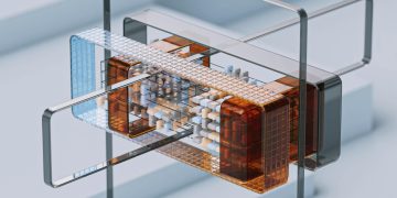 Modern abstract 3D render showcasing a complex geometric structure in cool hues.