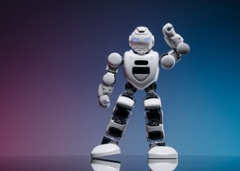 A sleek white robot in a studio setting against a gradient background, showcasing modern robotics.