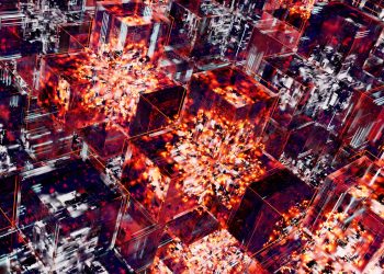 Abstract image featuring digital cubes with vibrant LED lighting effects, representing technology.