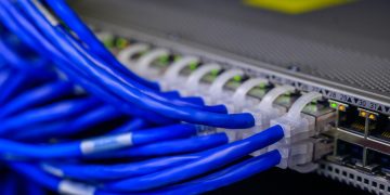 Detailed view of blue ethernet cables connected to a network switch in a data center.