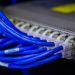 Detailed view of blue ethernet cables connected to a network switch in a data center.