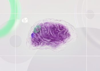 3D rendered abstract design featuring a digital brain visual with vibrant colors.