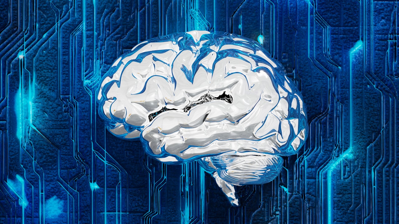 A computer circuit board with a brain on it
