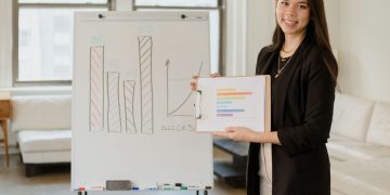 Woman presenting business data on clipboard with success graph in an office.