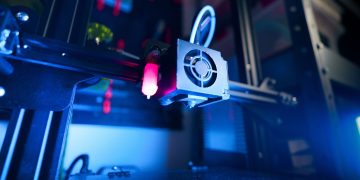 A close-up of an illuminated 3D printer in action, highlighting modern technology.