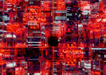 Vibrant digital art showcasing an abstract matrix with red and black hues.
