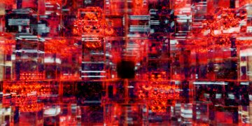 Vibrant digital art showcasing an abstract matrix with red and black hues.