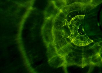 Dynamic abstract pattern featuring green light reflections, creating a vibrant and mysterious atmosphere.