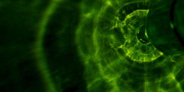 Dynamic abstract pattern featuring green light reflections, creating a vibrant and mysterious atmosphere.