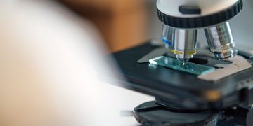 Detailed view of microscope slide setup, essential for biological research.
