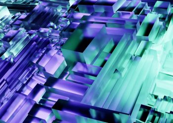 Innovative 3D abstract geometric shapes in vibrant purple and green tones, showcasing modern design and technology.