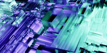 Innovative 3D abstract geometric shapes in vibrant purple and green tones, showcasing modern design and technology.
