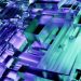 Innovative 3D abstract geometric shapes in vibrant purple and green tones, showcasing modern design and technology.