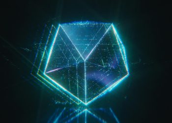 A neon digital polygon glowing in dark space, resembling a sci-fi hologram.