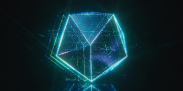 A neon digital polygon glowing in dark space, resembling a sci-fi hologram.