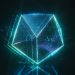 A neon digital polygon glowing in dark space, resembling a sci-fi hologram.