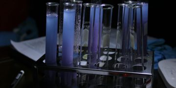 A vivid array of purple solutions in test tubes during a chemical experiment.