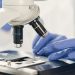 Close-up view of a scientist examining a specimen under a microscope in a laboratory.