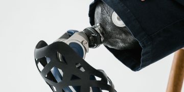 A detailed close-up of a prosthetic leg showcasing innovative technology and design.