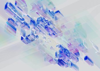 Futuristic abstract digital render depicting geometric shapes in vibrant colors.