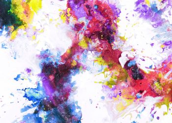 A colorful abstract watercolor painting featuring vibrant splashes of color in a dynamic composition.