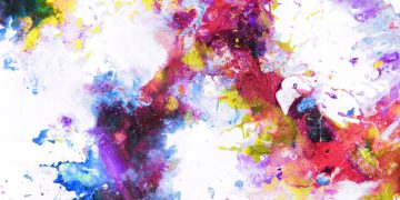 A colorful abstract watercolor painting featuring vibrant splashes of color in a dynamic composition.