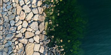 Aerial photograph showcasing rocky shoreline and green algae in Kocaeli, Türkiye.
