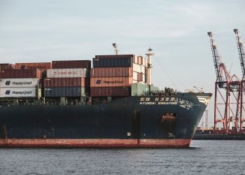 Cargo ship with containers and cranes in Hamburg port.