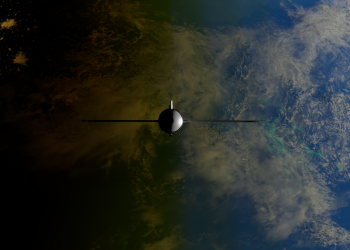 A satellite orbiting Earth showcasing contrasts between ocean and land from space.