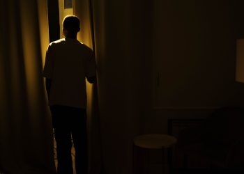 Silhouette of a person standing by a window in a dimly lit room, suggesting themes of solitude and contemplation.