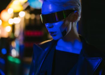 A futuristic cyber woman with AI-inspired eyewear under neon lights, exuding a cyberpunk style.