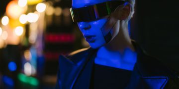 A futuristic cyber woman with AI-inspired eyewear under neon lights, exuding a cyberpunk style.