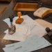 Cluttered desk with office stamps on top of various documents in an office setting.