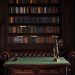 A classic study room with shelves of books, a gavel, and Lady Justice figurine on a green table.