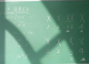 Algebra equations with symbols on a chalkboard in a brightly lit classroom.